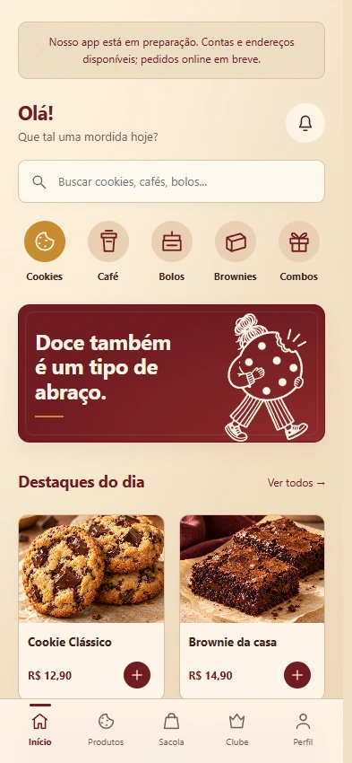 Tela inicial real do aplicativo Farta Mordida, com categorias, campanha e produtos