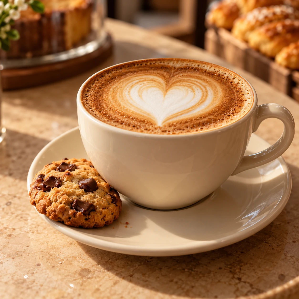 Cappuccino com arte de coração e um cookie ao lado