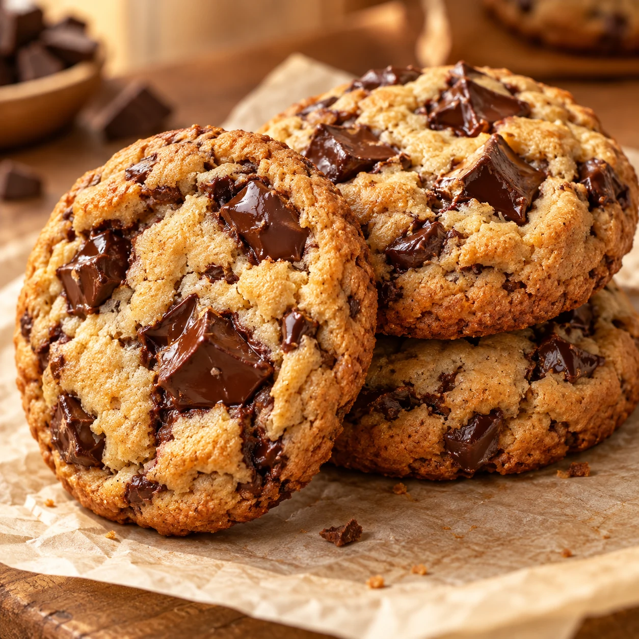 Cookies dourados com pedaços generosos de chocolate
